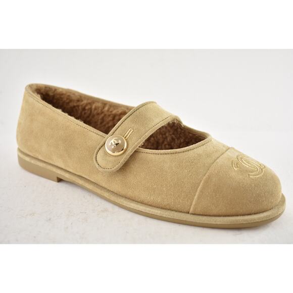 Chanel 25B Beige Suede Shearling Fur Mary Jane Moccasin Ballet Loafer Flat 38.5 - Picture 6 of 16